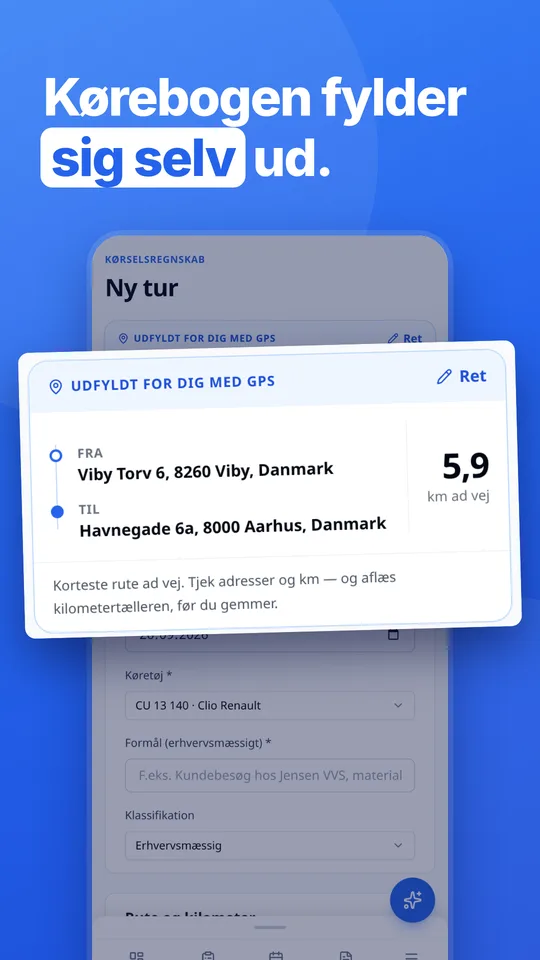 Kørebog i Jobspace-appen: turen udfyldes med GPS