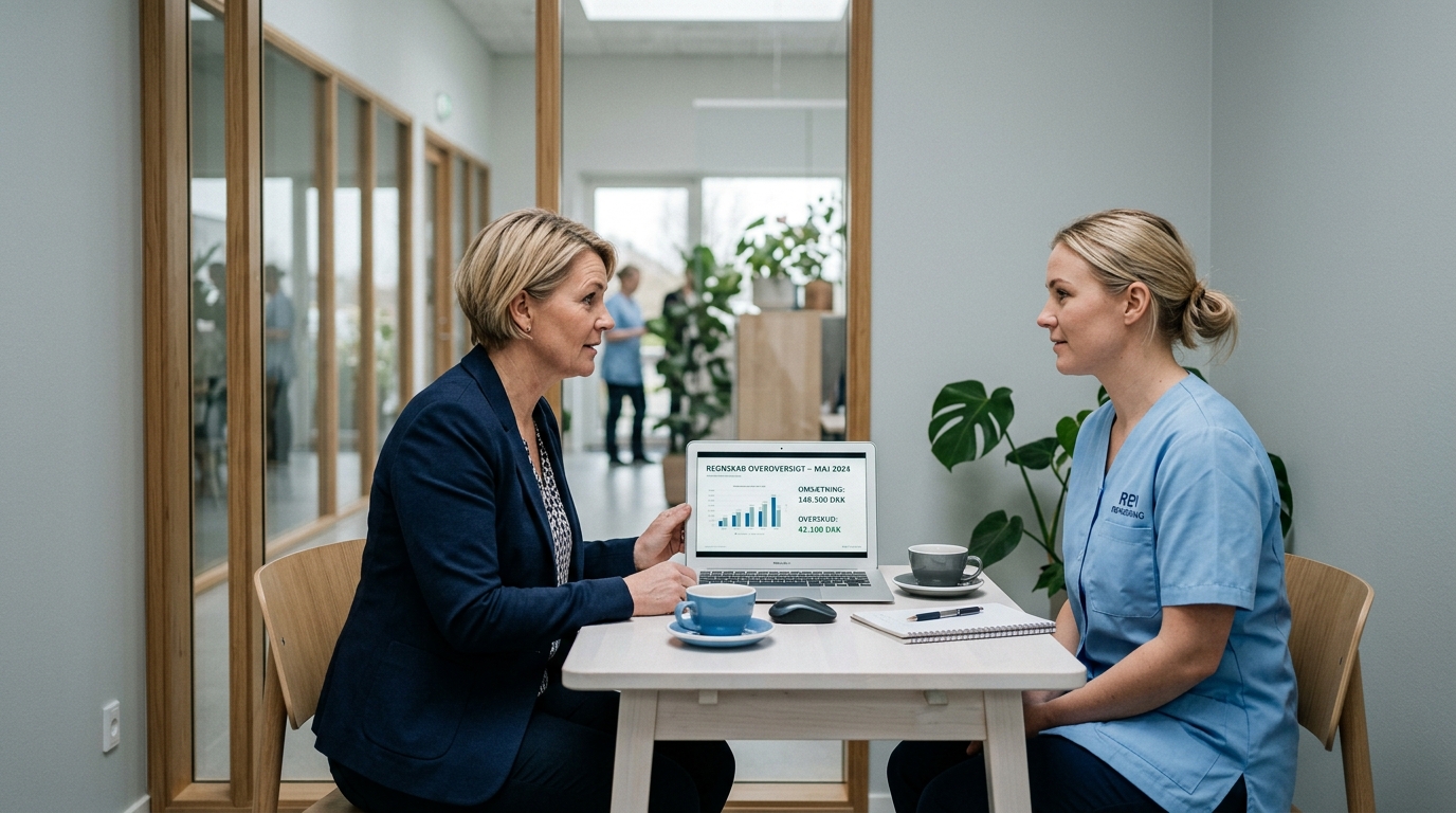 Ejer og medarbejder gennemgår afregning på laptop