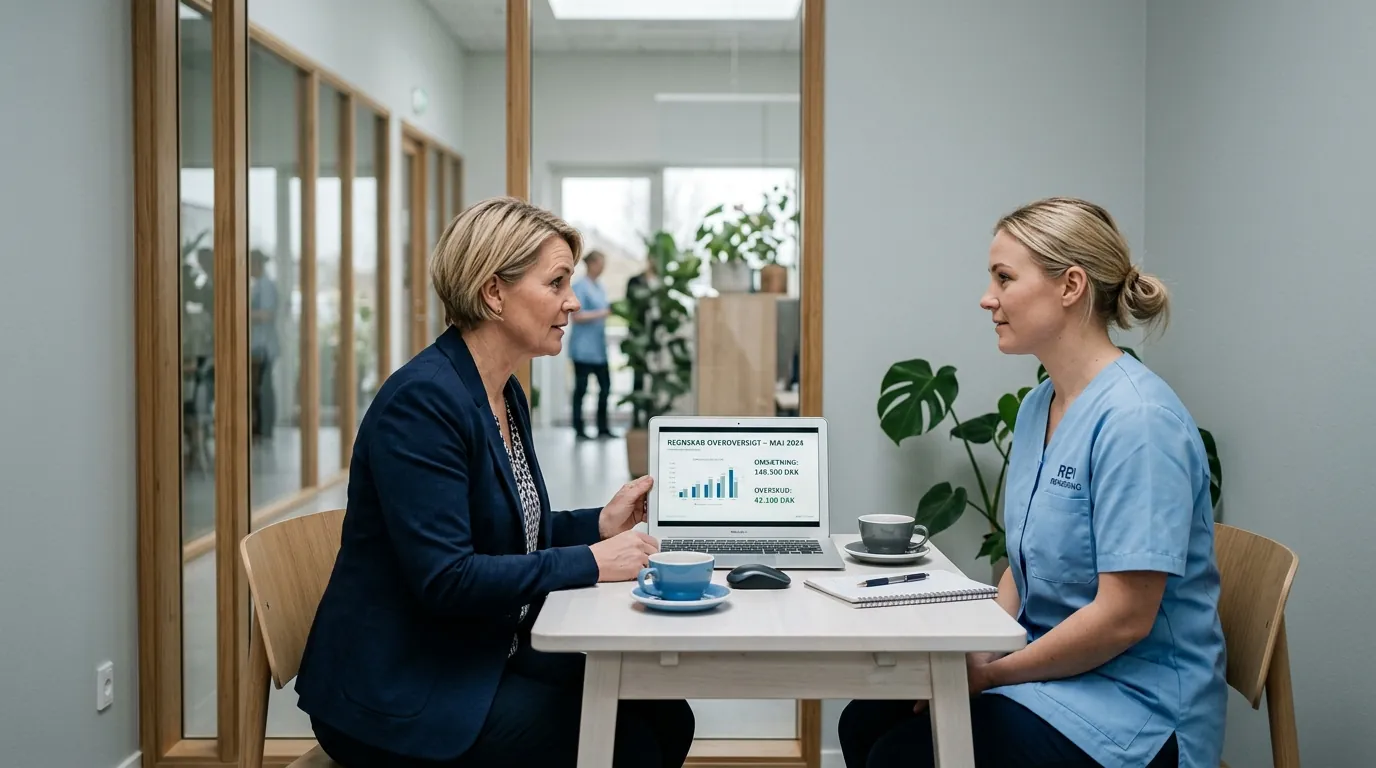 Ejer og medarbejder gennemgår afregning på laptop
