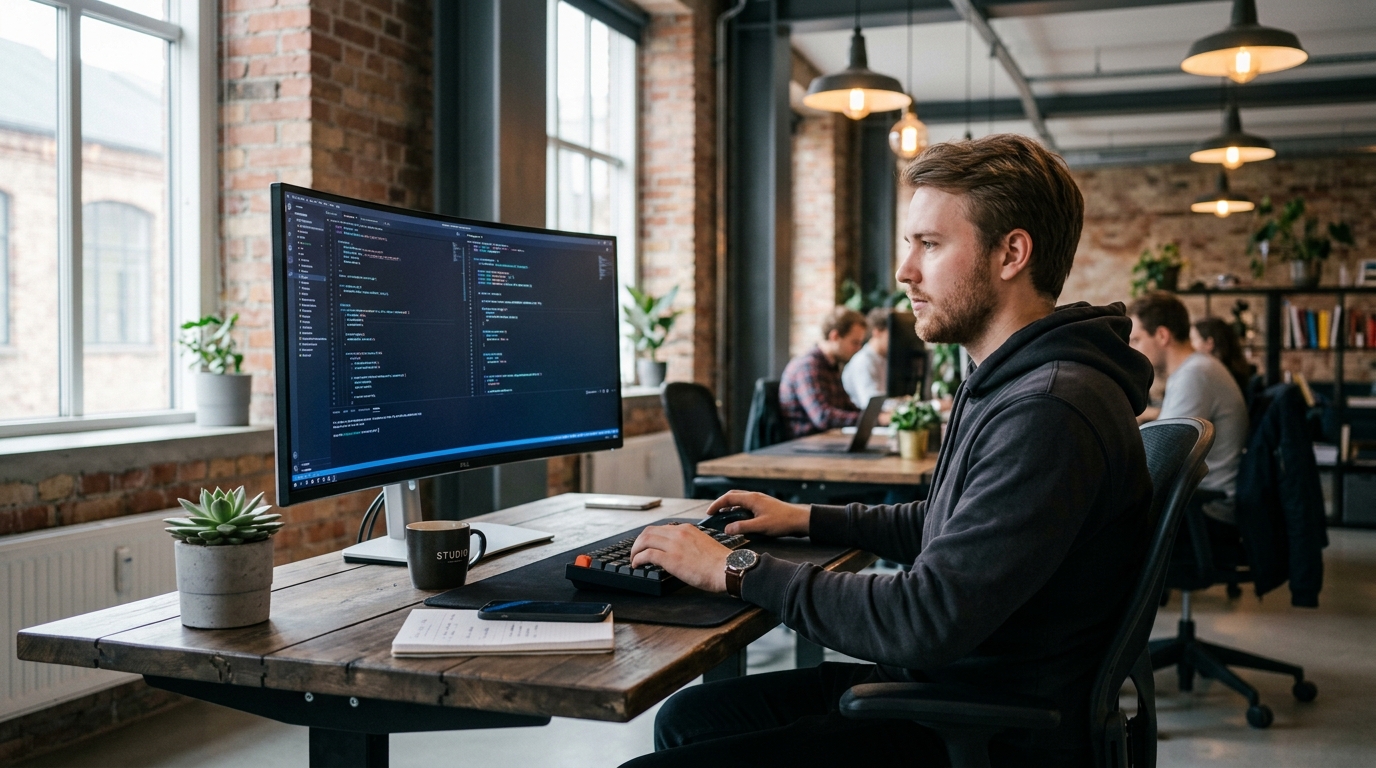 Udvikler ved ultrawide skærm med kode