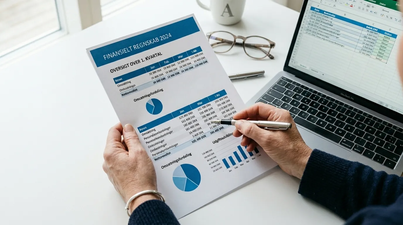 Revisor holder finansiel rapport med blå diagrammer