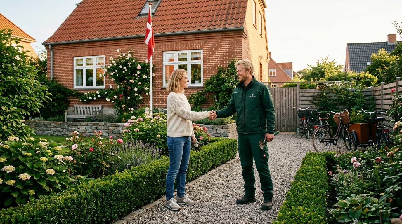 Gartner giver hånd til kunde foran dansk villa