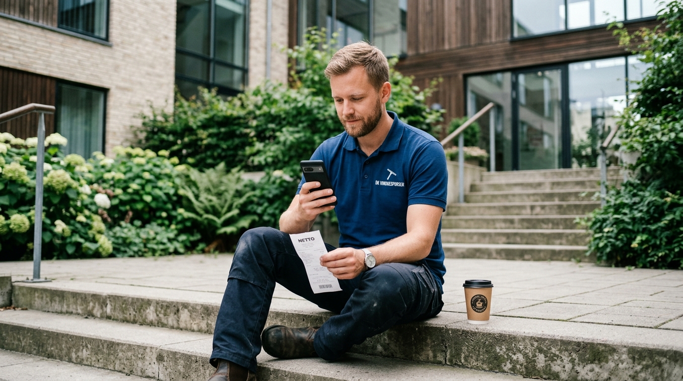 Dansk servicemedarbejder scanner kvittering på trappe med kaffe