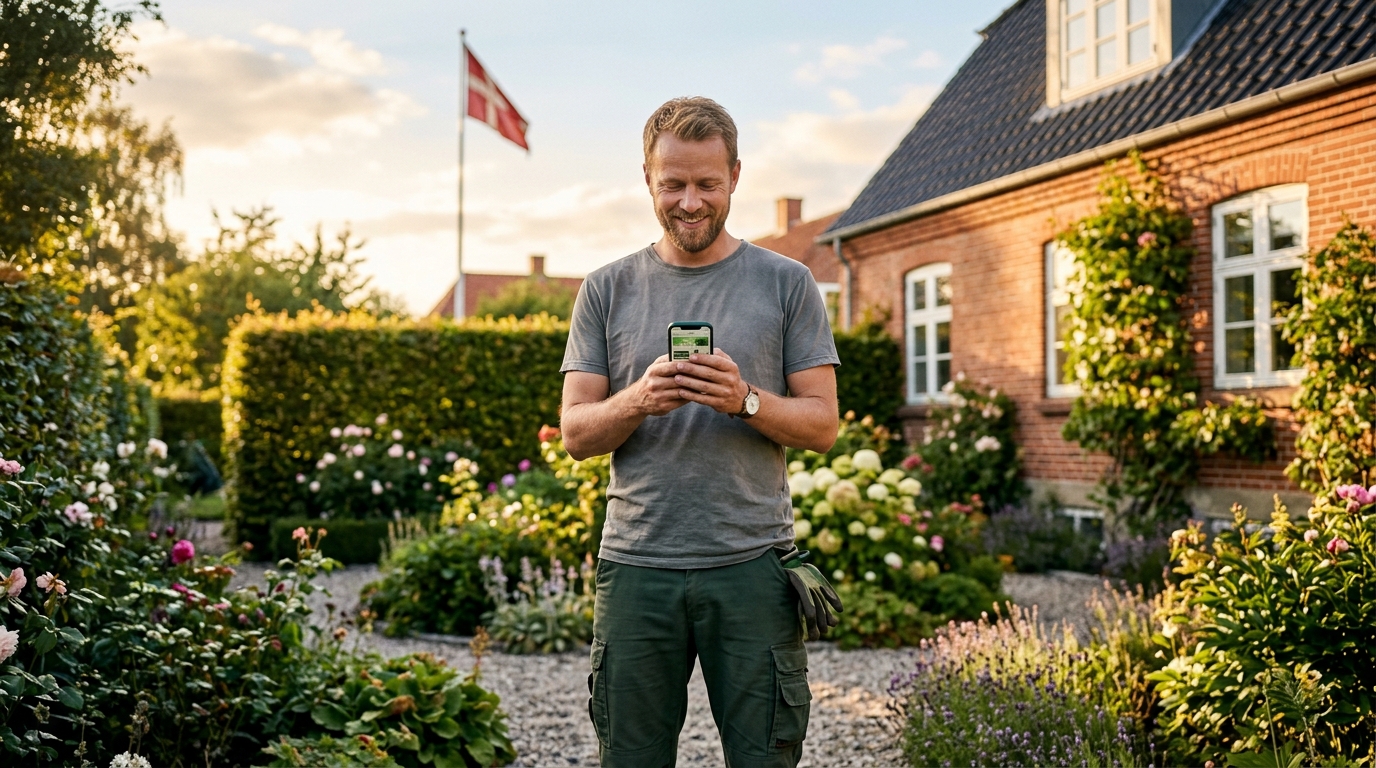 Gartner tjekker app i dansk have med rødt murstenshus
