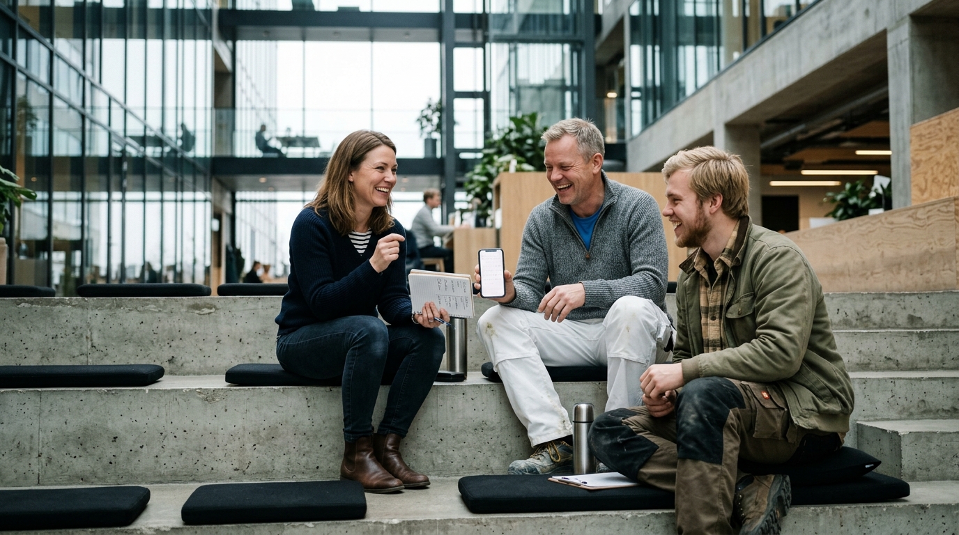 Tre servicemedarbejdere i uformel møde på trappe